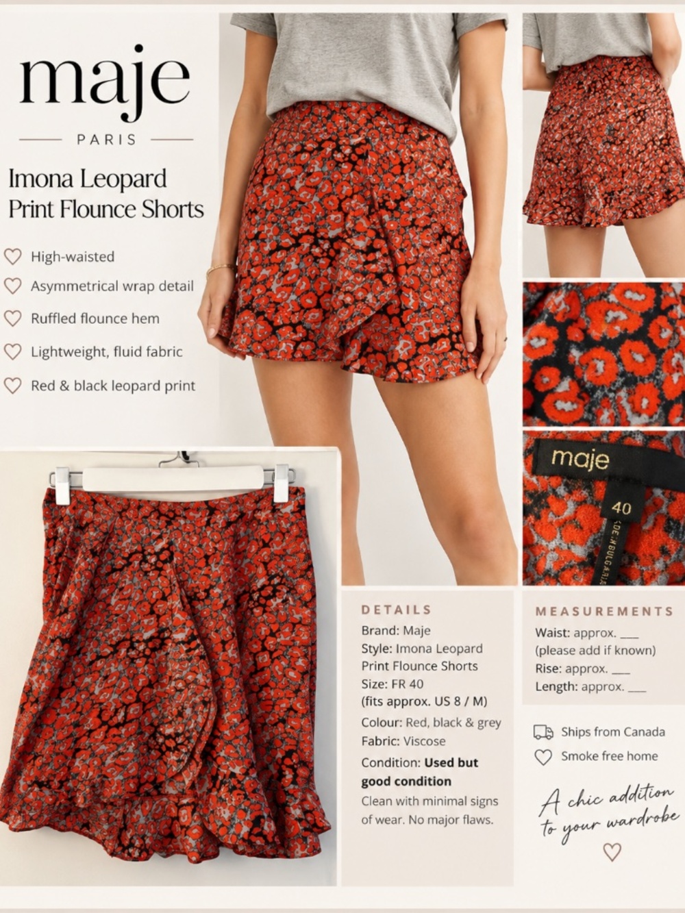 Maje Imona Leopard Print Flounce Shorts – Size 40